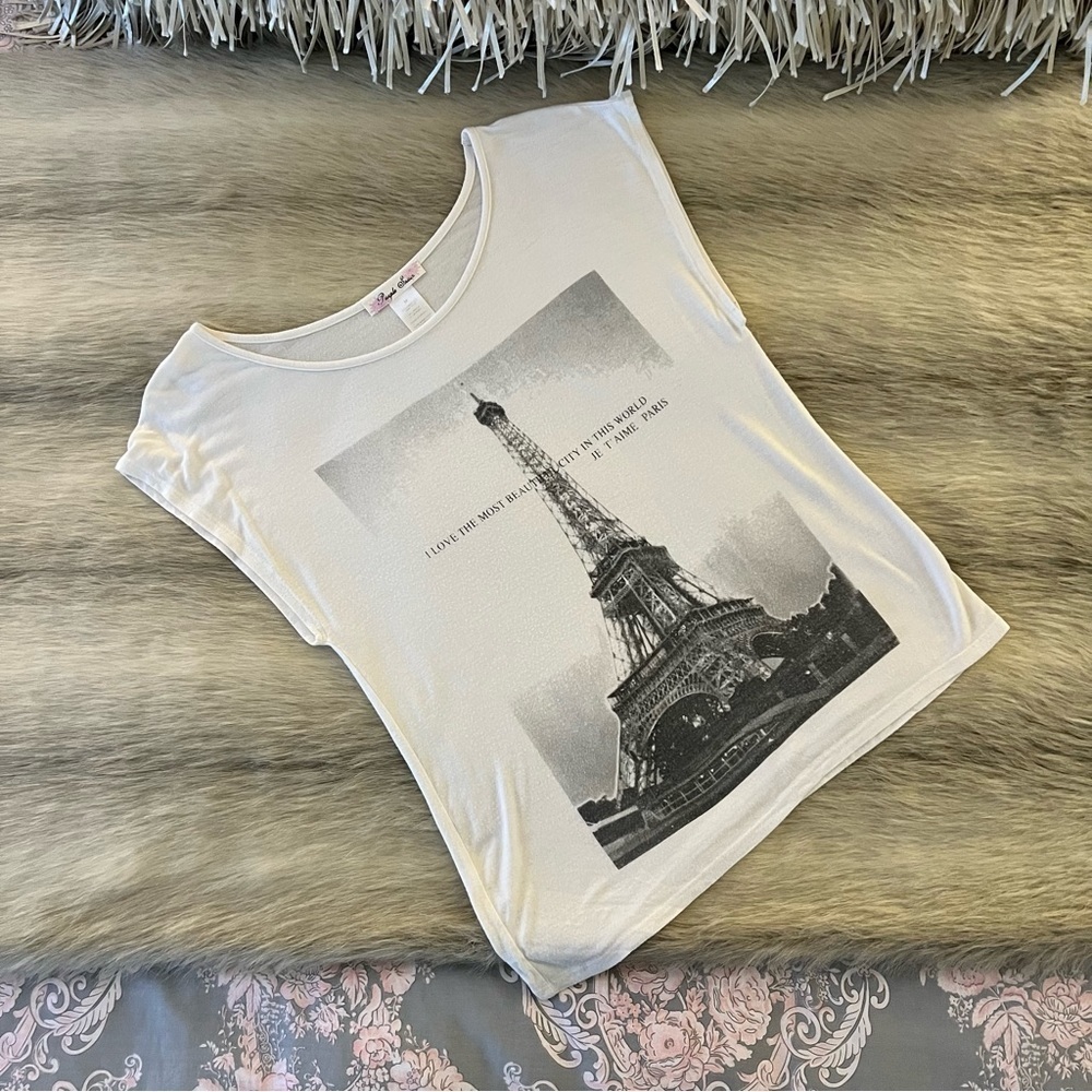 PURPLE SNOW White Eiffel Tower M PARIS Tunic Cap Sleeve Graphic Shirt Stretch